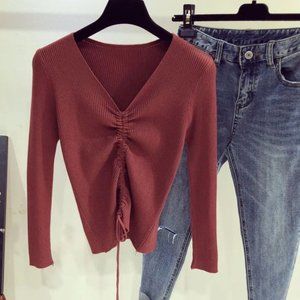 Drawstring V-Neck Cropped Knit Top (Brick Red)